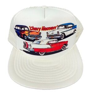 Vintage Chevy Heaven Trucker Hat Cap Snapback White Mesh Car Show Hot Rod 90s
